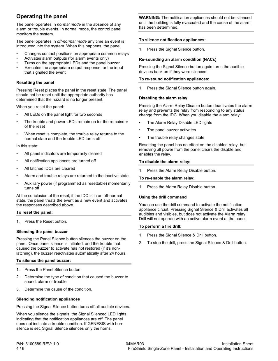 Operating the panel | Edwards Signaling FireShield Single-Zone Panel User Manual | Page 4 / 7