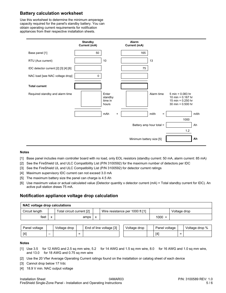 Battery calculation worksheet, Notification appliance voltage drop calculation | Edwards Signaling FireShield Single-Zone Panel User Manual | Page 5 / 7