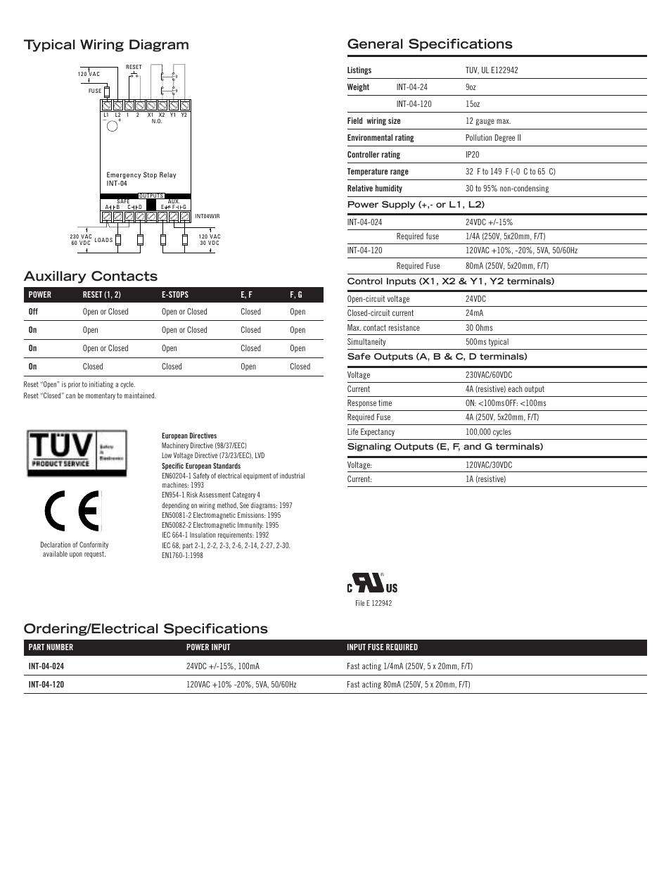 Ordering/electrical specifications, Typical wiring diagram general specifications, Auxillary contacts | Edwards Signaling INT-04 Series User Manual | Page 2 / 2