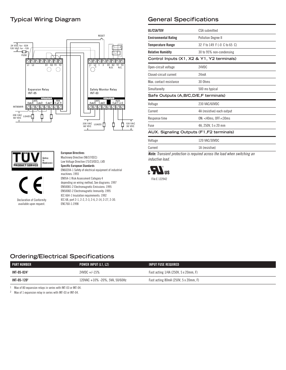 Ordering/electrical specifications, General specifications, Typical wiring diagram | Edwards Signaling INT-05 Series User Manual | Page 2 / 2