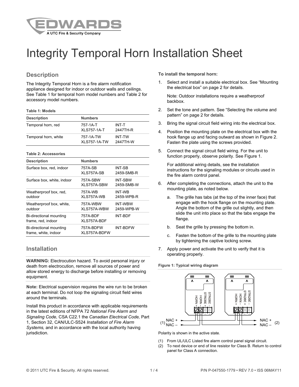 Edwards Signaling 2447T Integrity Temporal Horn User Manual | 4 pages