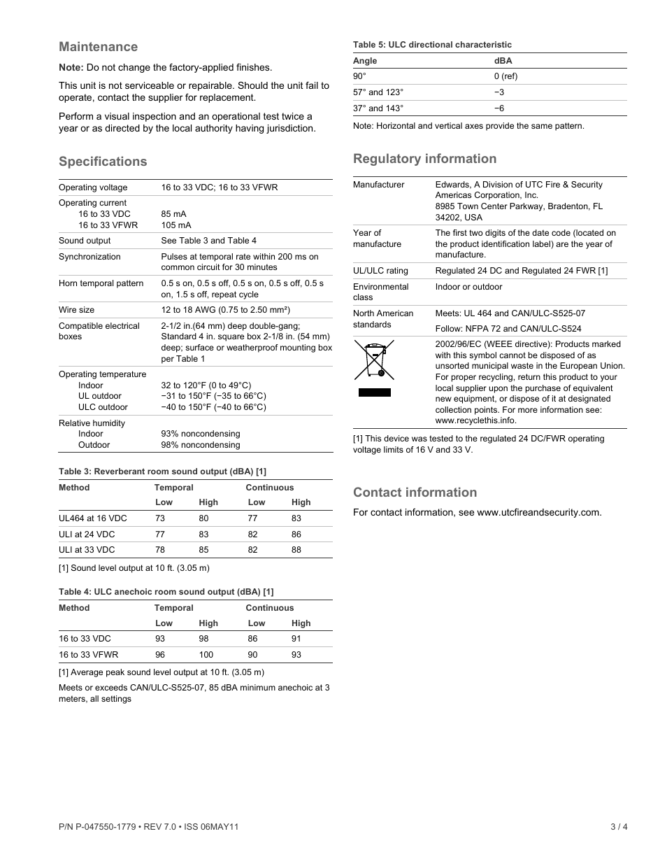 Maintenance, Specifications, Regulatory information | Contact information | Edwards Signaling 2447T Integrity Temporal Horn User Manual | Page 3 / 4