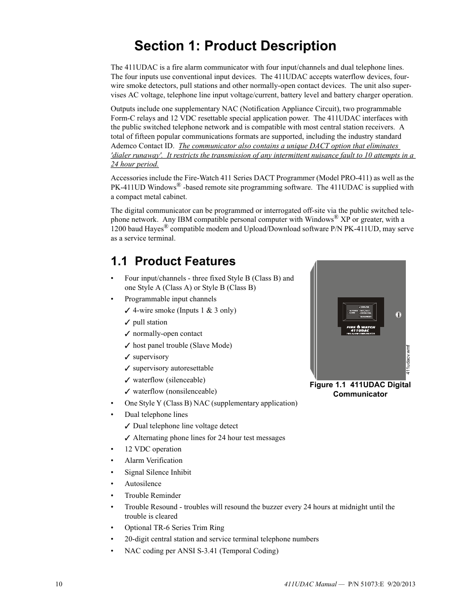 Section 1: product description, 1 product features, Product features | Fire-Lite 411UDAC Fire Alarm Communicator User Manual | Page 10 / 84