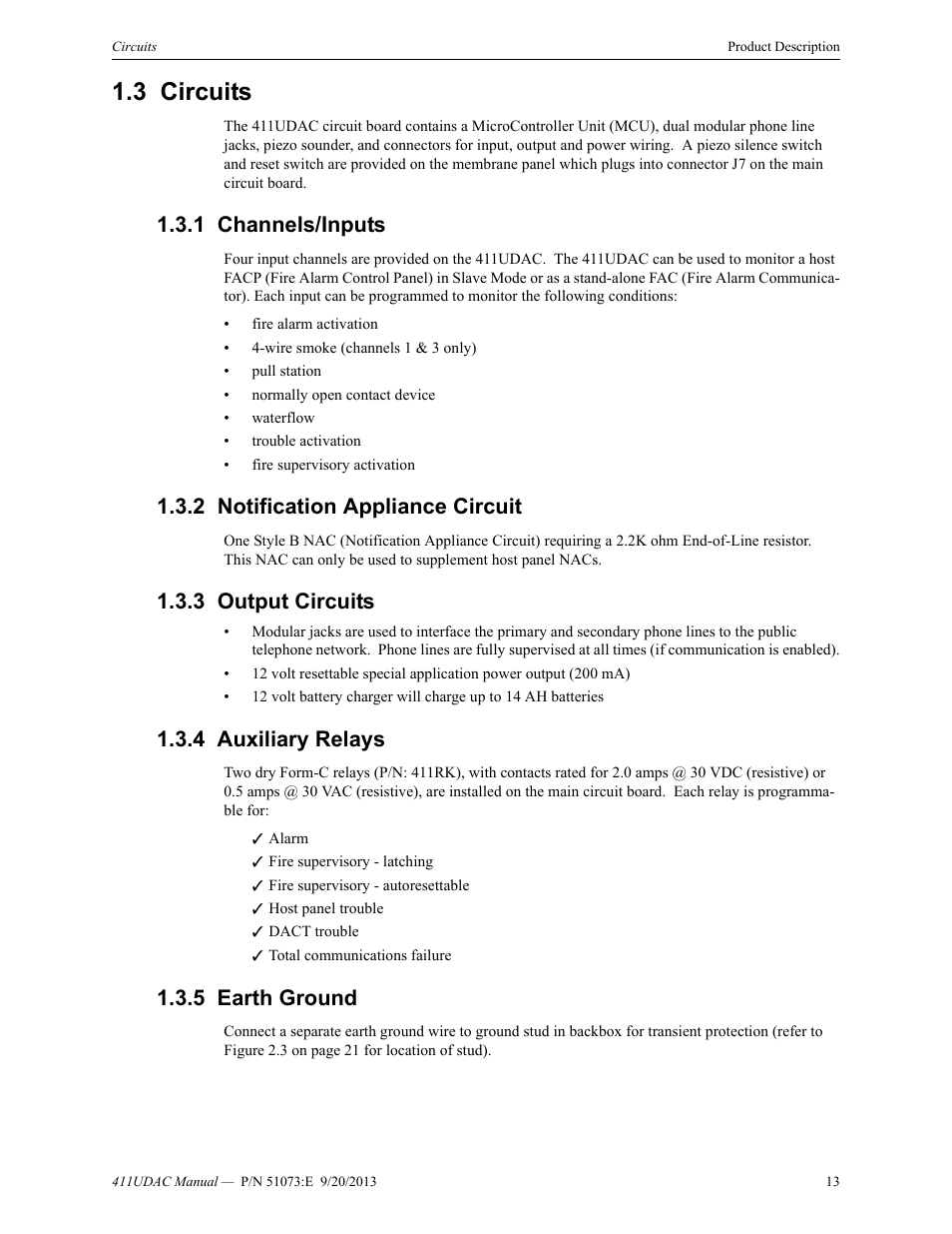 3 circuits, 1 channels/inputs, 2 notification appliance circuit | 3 output circuits, 4 auxiliary relays, 5 earth ground, Circuits | Fire-Lite 411UDAC Fire Alarm Communicator User Manual | Page 13 / 84
