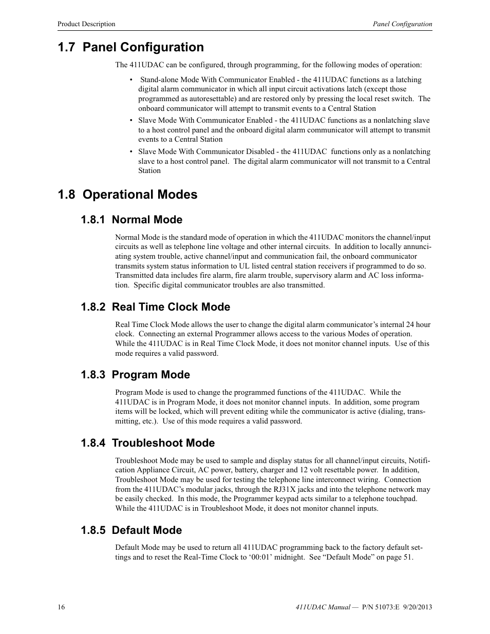 7 panel configuration, 8 operational modes, 1 normal mode | 2 real time clock mode, 3 program mode, 4 troubleshoot mode, 5 default mode, Panel configuration 1.8: operational modes | Fire-Lite 411UDAC Fire Alarm Communicator User Manual | Page 16 / 84