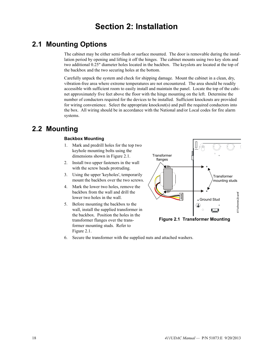 Section 2: installation, 1 mounting options, 2 mounting | Mounting options 2.2: mounting | Fire-Lite 411UDAC Fire Alarm Communicator User Manual | Page 18 / 84