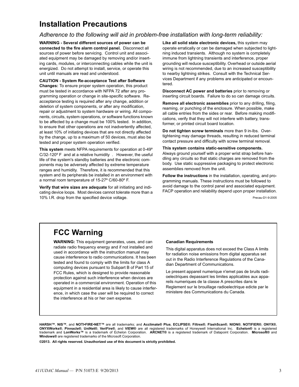 Installation precautions, Fcc warning | Fire-Lite 411UDAC Fire Alarm Communicator User Manual | Page 3 / 84