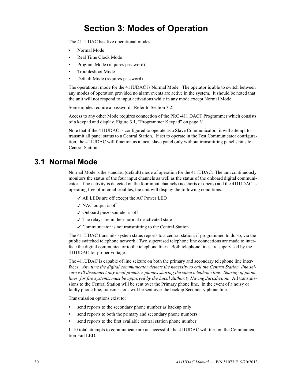 Section 3: modes of operation, 1 normal mode, Normal mode | Fire-Lite 411UDAC Fire Alarm Communicator User Manual | Page 30 / 84