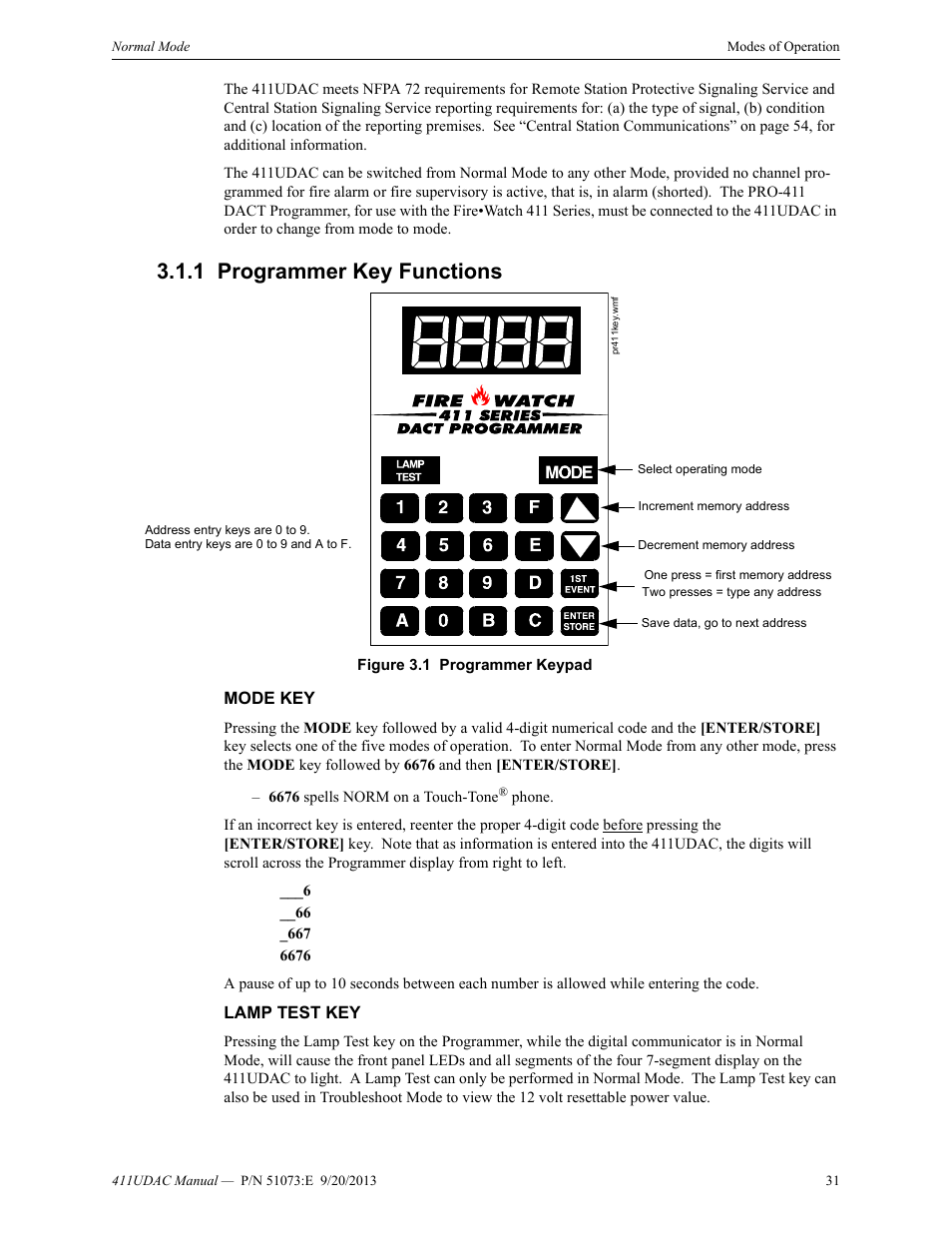 1 programmer key functions, Mode key, Lamp test key | Programmer key functions, Mode key lamp test key | Fire-Lite 411UDAC Fire Alarm Communicator User Manual | Page 31 / 84