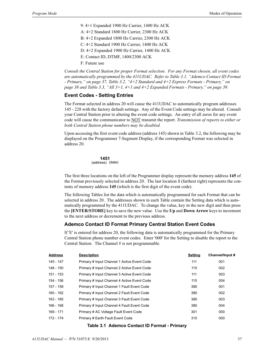 Event codes - setting entries | Fire-Lite 411UDAC Fire Alarm Communicator User Manual | Page 37 / 84