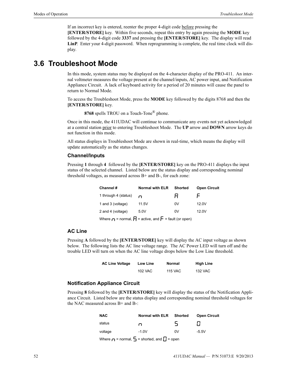 6 troubleshoot mode, Channel/inputs, Ac line | Notification appliance circuit, Troubleshoot mode | Fire-Lite 411UDAC Fire Alarm Communicator User Manual | Page 52 / 84