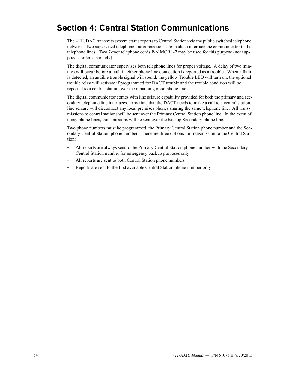 Section 4: central station communications | Fire-Lite 411UDAC Fire Alarm Communicator User Manual | Page 54 / 84