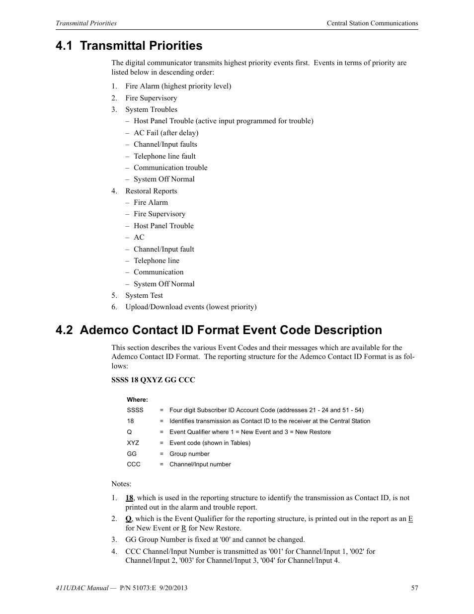 1 transmittal priorities, 2 ademco contact id format event code description | Fire-Lite 411UDAC Fire Alarm Communicator User Manual | Page 57 / 84