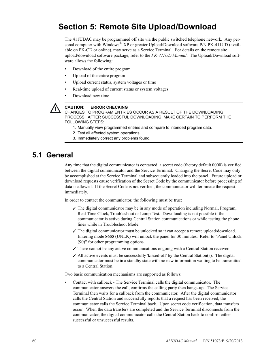 Section 5: remote site upload/download, 1 general, General | Fire-Lite 411UDAC Fire Alarm Communicator User Manual | Page 60 / 84