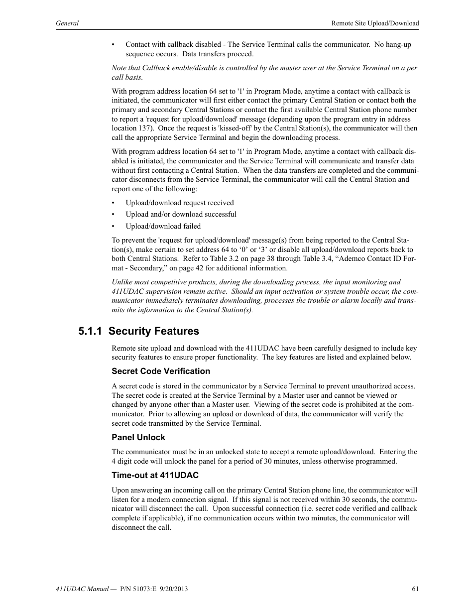 1 security features, Secret code verification, Panel unlock | Time-out at 411udac, Security features | Fire-Lite 411UDAC Fire Alarm Communicator User Manual | Page 61 / 84