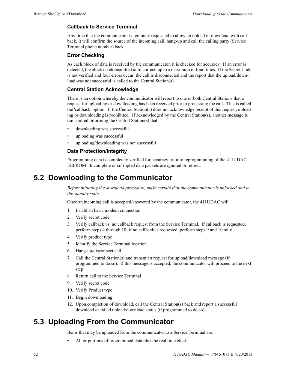 Callback to service terminal, Error checking, Central station acknowledge | Data protection/integrity, 2 downloading to the communicator, 3 uploading from the communicator | Fire-Lite 411UDAC Fire Alarm Communicator User Manual | Page 62 / 84