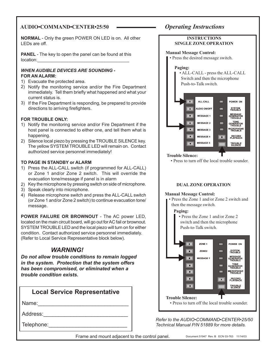 Fire-Lite ACC-25/50 Audio Command Center User Manual | 1 page