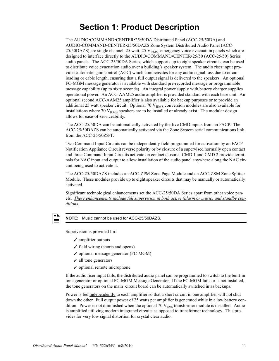 Section 1: product description | Fire-Lite ACC-25/50DAZS Distributed Audio Panel User Manual | Page 11 / 84