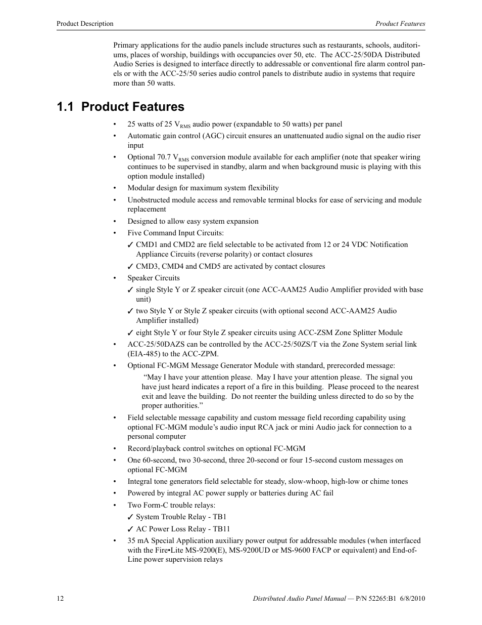 1 product features, Product features | Fire-Lite ACC-25/50DAZS Distributed Audio Panel User Manual | Page 12 / 84