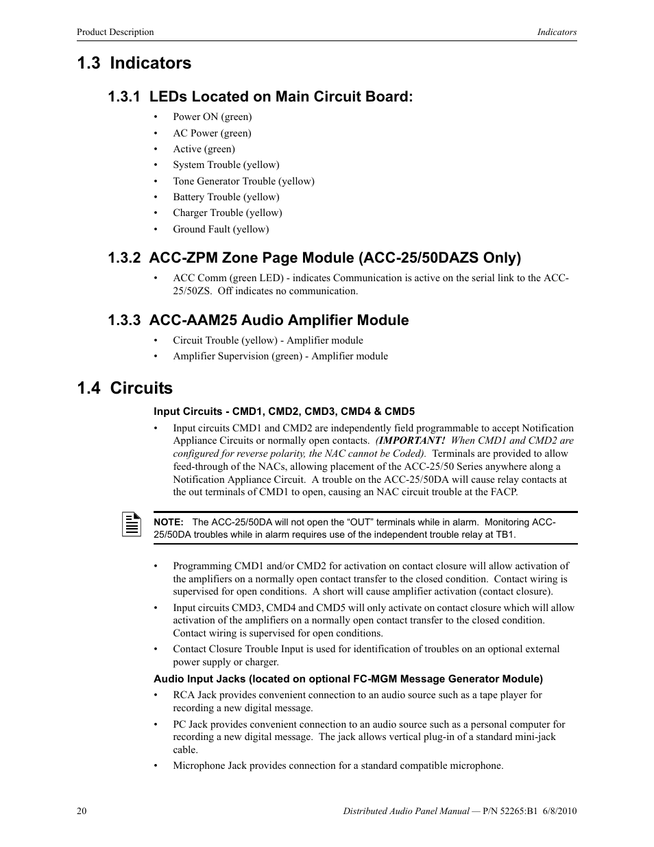 3 indicators, 1 leds located on main circuit board, 3 acc-aam25 audio amplifier module | 4 circuits, Indicators, Circuits | Fire-Lite ACC-25/50DAZS Distributed Audio Panel User Manual | Page 20 / 84