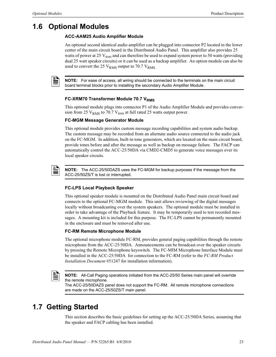6 optional modules, 7 getting started, Optional modules 1.7: getting started | Fire-Lite ACC-25/50DAZS Distributed Audio Panel User Manual | Page 23 / 84