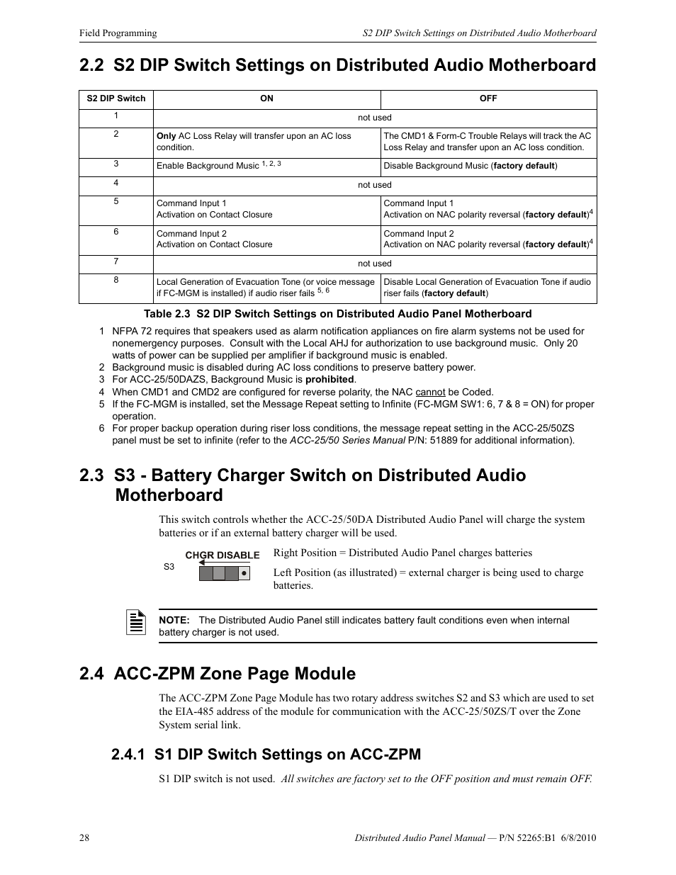 1 s1 dip switch settings on acc-zpm, S1 dip switch settings on acc-zpm, 4 acc-zpm zone page module | Fire-Lite ACC-25/50DAZS Distributed Audio Panel User Manual | Page 28 / 84