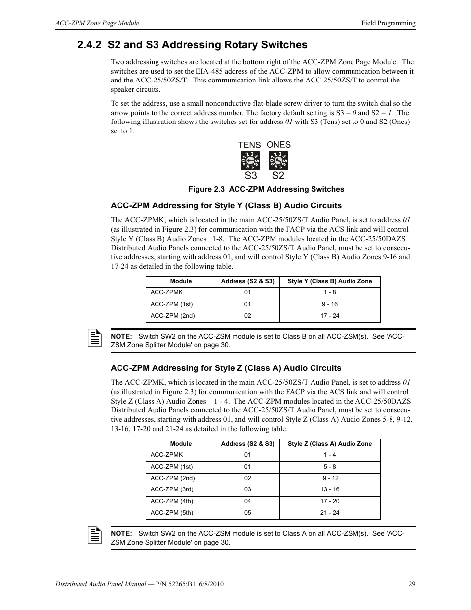 2 s2 and s3 addressing rotary switches, S2 and s3 addressing rotary switches | Fire-Lite ACC-25/50DAZS Distributed Audio Panel User Manual | Page 29 / 84