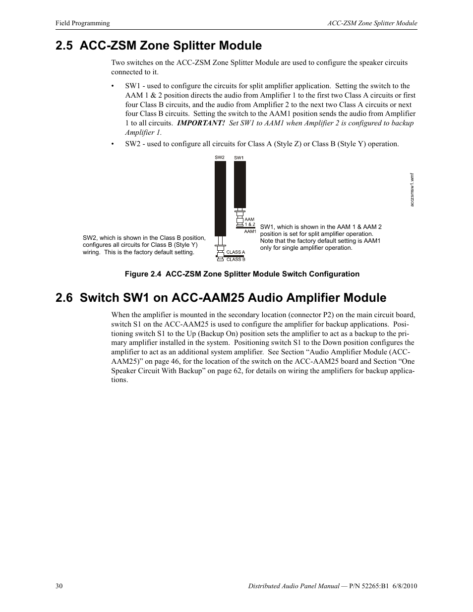 5 acc-zsm zone splitter module, 6 switch sw1 on acc-aam25 audio amplifier module | Fire-Lite ACC-25/50DAZS Distributed Audio Panel User Manual | Page 30 / 84