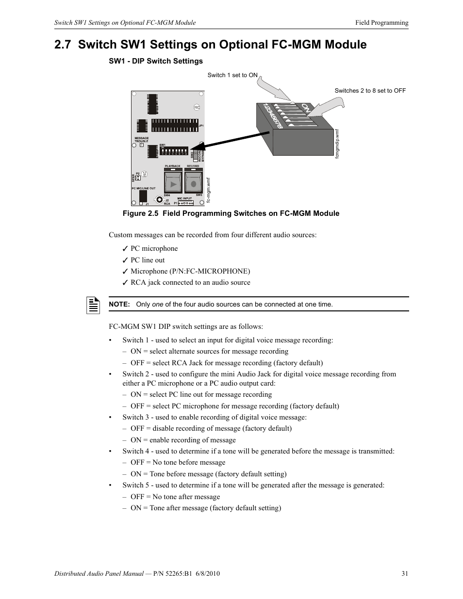 7 switch sw1 settings on optional fc-mgm module, Switch sw1 settings on optional fc-mgm module | Fire-Lite ACC-25/50DAZS Distributed Audio Panel User Manual | Page 31 / 84