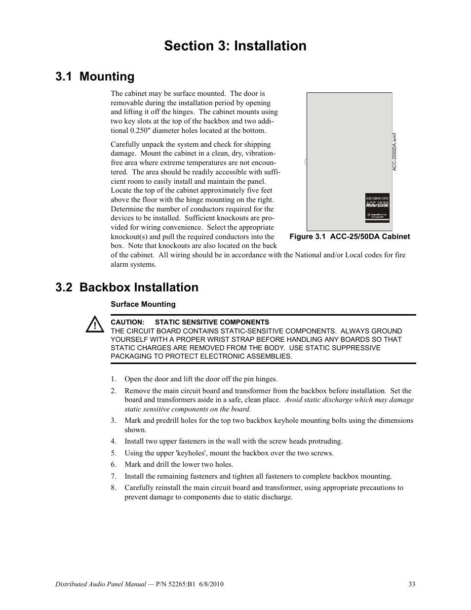 Section 3: installation, 1 mounting, 2 backbox installation | Mounting 3.2: backbox installation | Fire-Lite ACC-25/50DAZS Distributed Audio Panel User Manual | Page 33 / 84