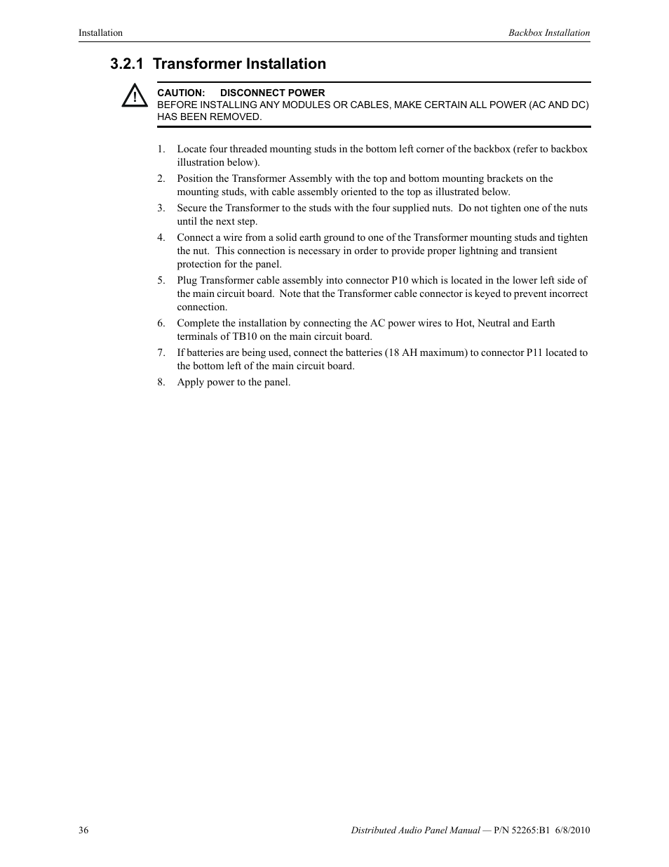 1 transformer installation, Transformer installation | Fire-Lite ACC-25/50DAZS Distributed Audio Panel User Manual | Page 36 / 84