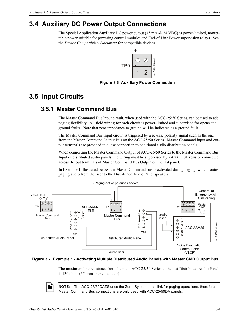 4 auxiliary dc power output connections, 5 input circuits, 1 master command bus | Master command bus | Fire-Lite ACC-25/50DAZS Distributed Audio Panel User Manual | Page 39 / 84