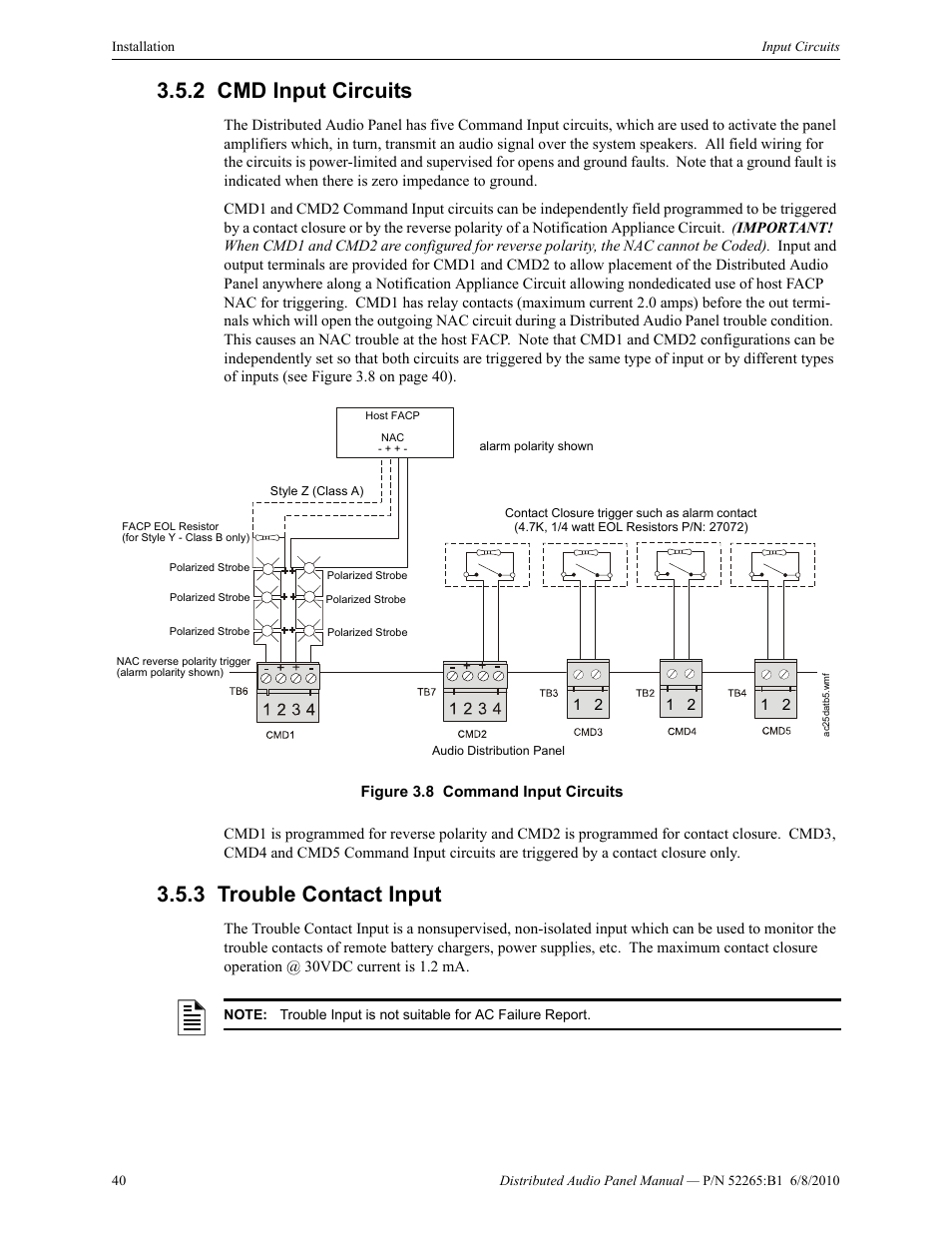 2 cmd input circuits, 3 trouble contact input, Cmd input circuits 3.5.3: trouble contact input | Fire-Lite ACC-25/50DAZS Distributed Audio Panel User Manual | Page 40 / 84