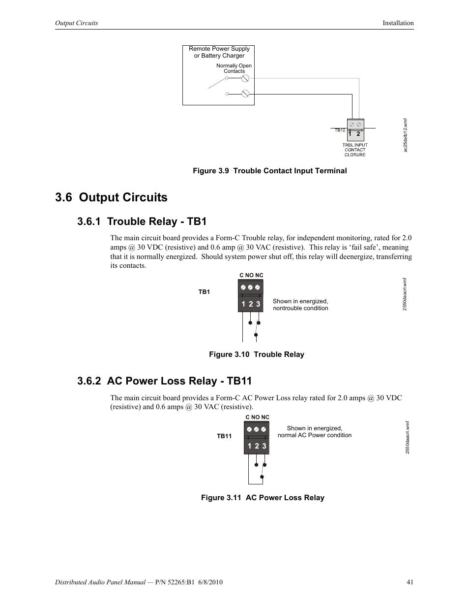 6 output circuits, 1 trouble relay - tb1, 2 ac power loss relay - tb11 | Output circuits | Fire-Lite ACC-25/50DAZS Distributed Audio Panel User Manual | Page 41 / 84