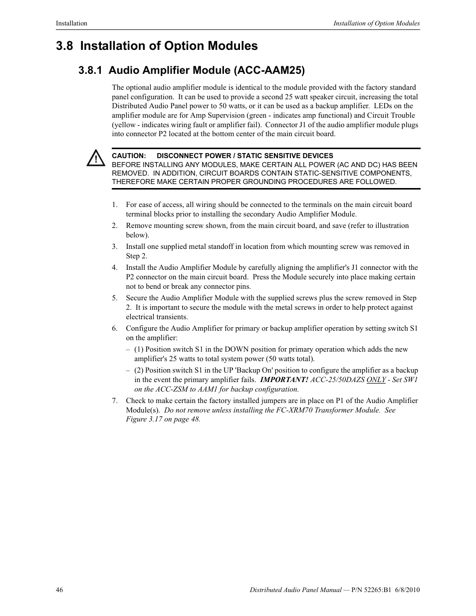 8 installation of option modules, 1 audio amplifier module (acc-aam25), Installation of option modules | Audio amplifier module (acc-aam25) | Fire-Lite ACC-25/50DAZS Distributed Audio Panel User Manual | Page 46 / 84