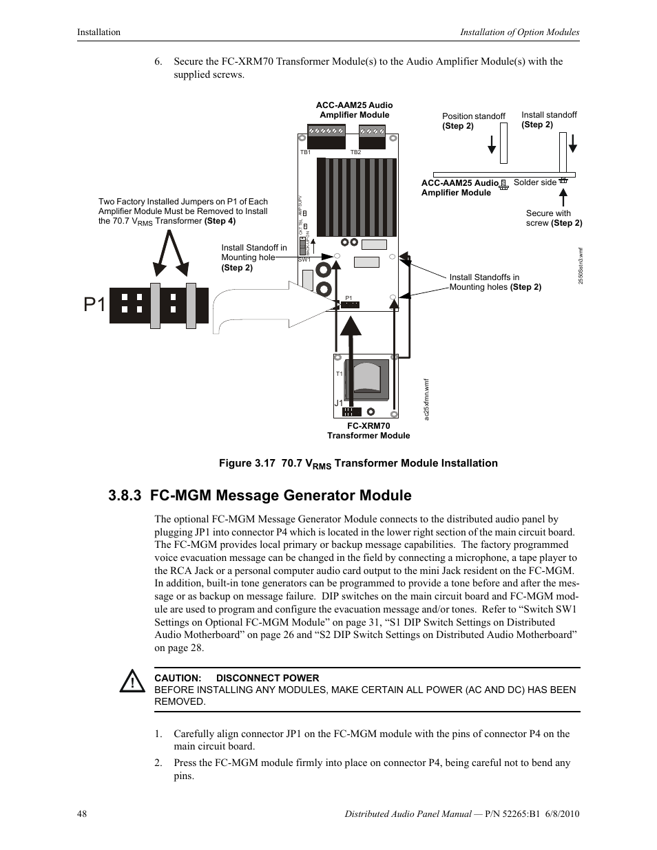 3 fc-mgm message generator module, Fc-mgm message generator module, Refer to figure 3.17 for the location | Figure 3.17, Transformer module installation | Fire-Lite ACC-25/50DAZS Distributed Audio Panel User Manual | Page 48 / 84