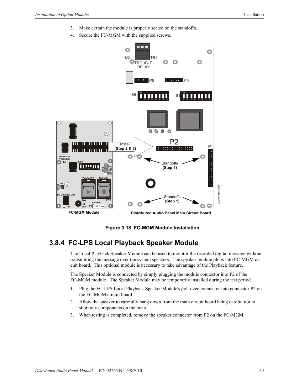 4 fc-lps local playback speaker module, Fc-lps local playback speaker module, Figure 3.18 fc-mgm module installation | Fire-Lite ACC-25/50DAZS Distributed Audio Panel User Manual | Page 49 / 84