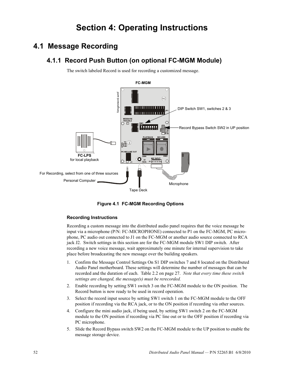 Section 4: operating instructions, 1 message recording, 1 record push button (on optional fc-mgm module) | Message recording, Record push button (on optional fc-mgm module) | Fire-Lite ACC-25/50DAZS Distributed Audio Panel User Manual | Page 52 / 84