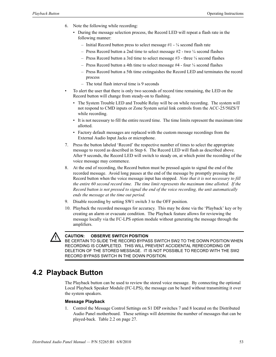 2 playback button, Playback button | Fire-Lite ACC-25/50DAZS Distributed Audio Panel User Manual | Page 53 / 84