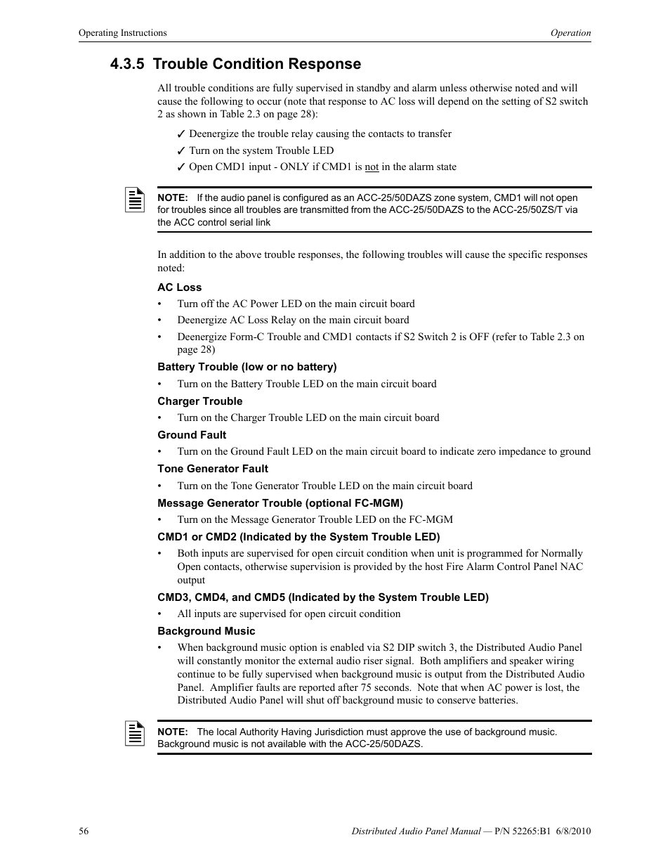 5 trouble condition response, Trouble condition response | Fire-Lite ACC-25/50DAZS Distributed Audio Panel User Manual | Page 56 / 84