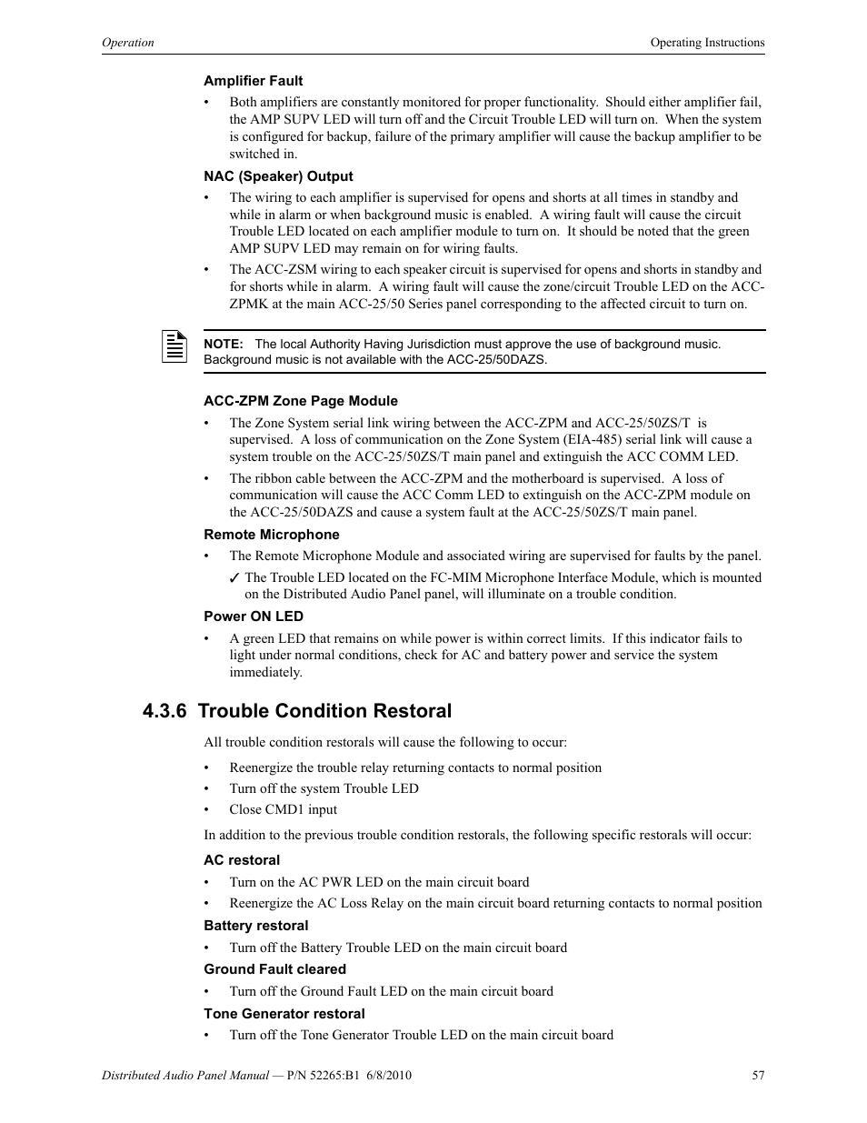 6 trouble condition restoral, Trouble condition restoral | Fire-Lite ACC-25/50DAZS Distributed Audio Panel User Manual | Page 57 / 84