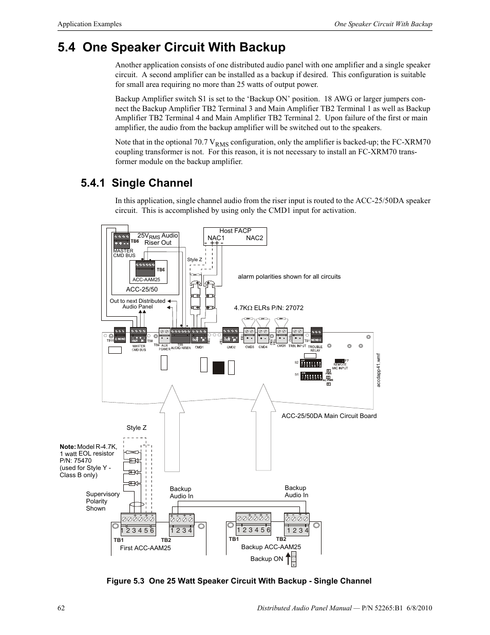 4 one speaker circuit with backup, 1 single channel, One speaker circuit with backup | Single channel | Fire-Lite ACC-25/50DAZS Distributed Audio Panel User Manual | Page 62 / 84