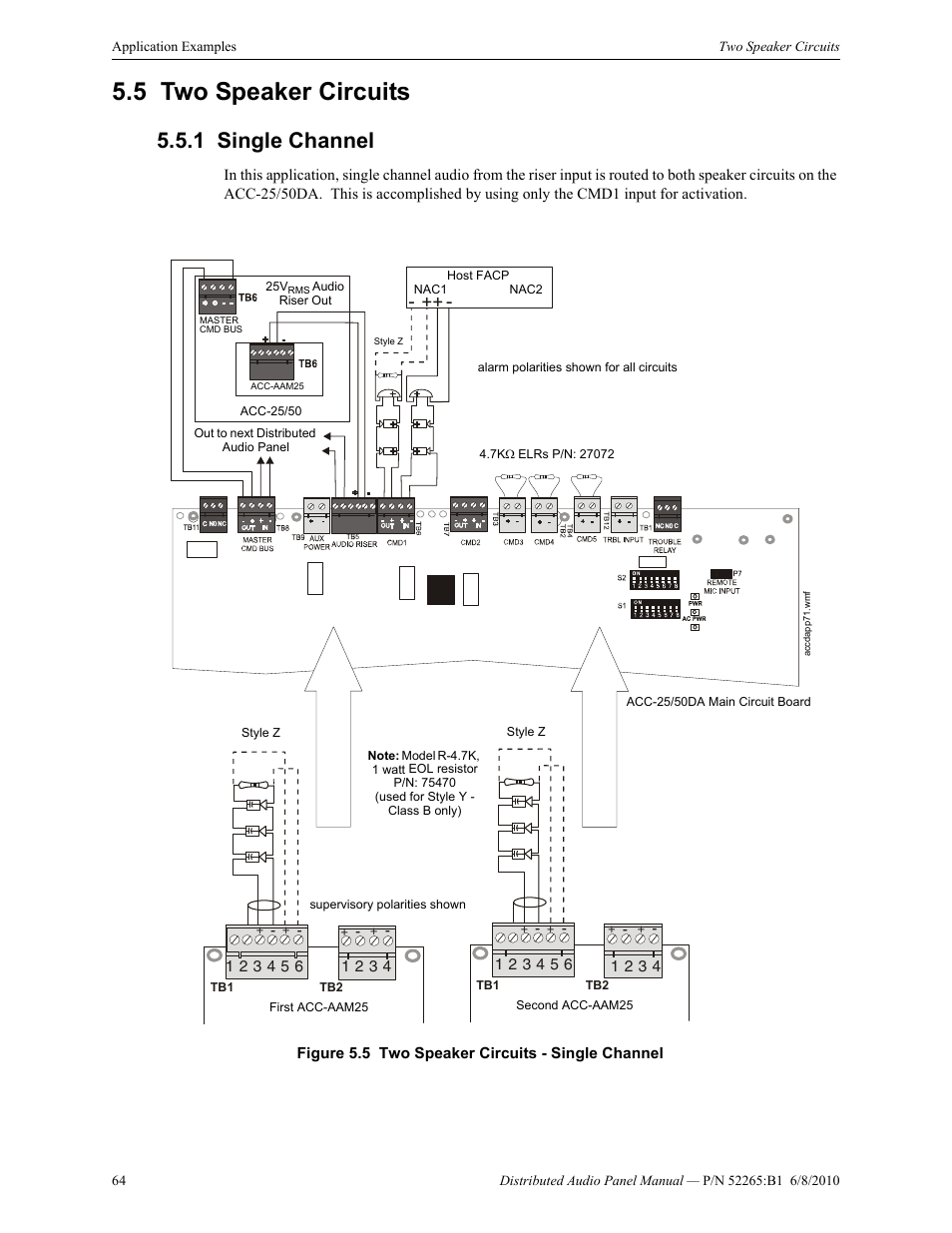 5 two speaker circuits, 1 single channel, Two speaker circuits | Single channel | Fire-Lite ACC-25/50DAZS Distributed Audio Panel User Manual | Page 64 / 84