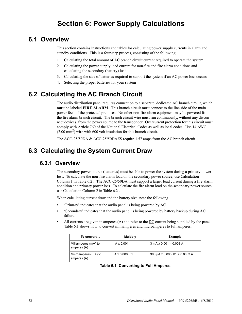 Section 6: power supply calculations, 1 overview, 2 calculating the ac branch circuit | 3 calculating the system current draw, Overview | Fire-Lite ACC-25/50DAZS Distributed Audio Panel User Manual | Page 72 / 84