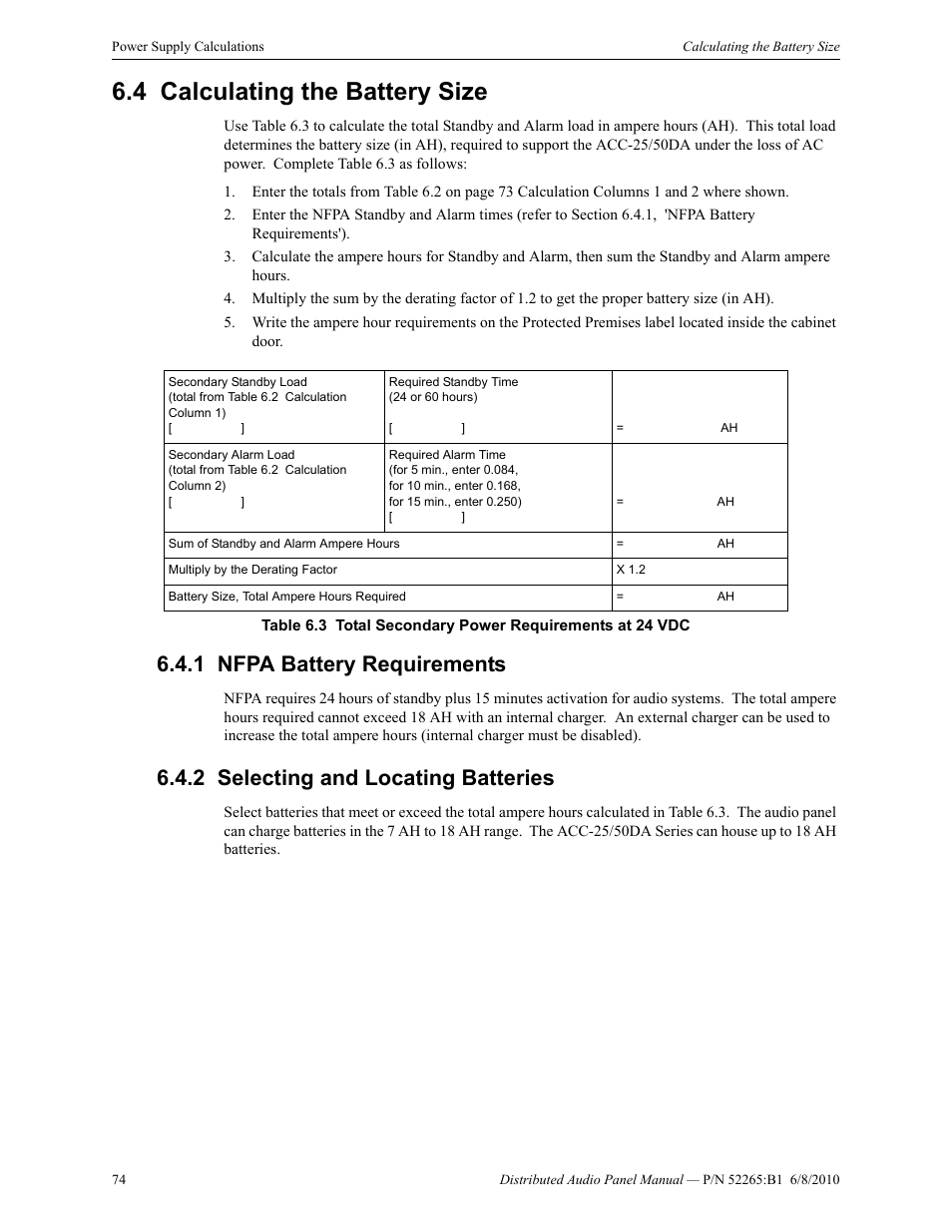 4 calculating the battery size, 1 nfpa battery requirements, 2 selecting and locating batteries | Calculating the battery size | Fire-Lite ACC-25/50DAZS Distributed Audio Panel User Manual | Page 74 / 84