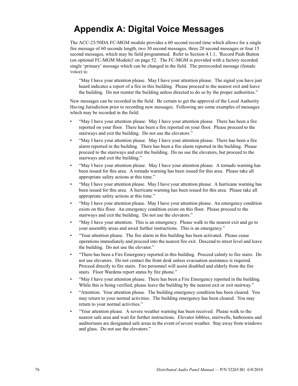 Appendix a: digital voice messages | Fire-Lite ACC-25/50DAZS Distributed Audio Panel User Manual | Page 76 / 84