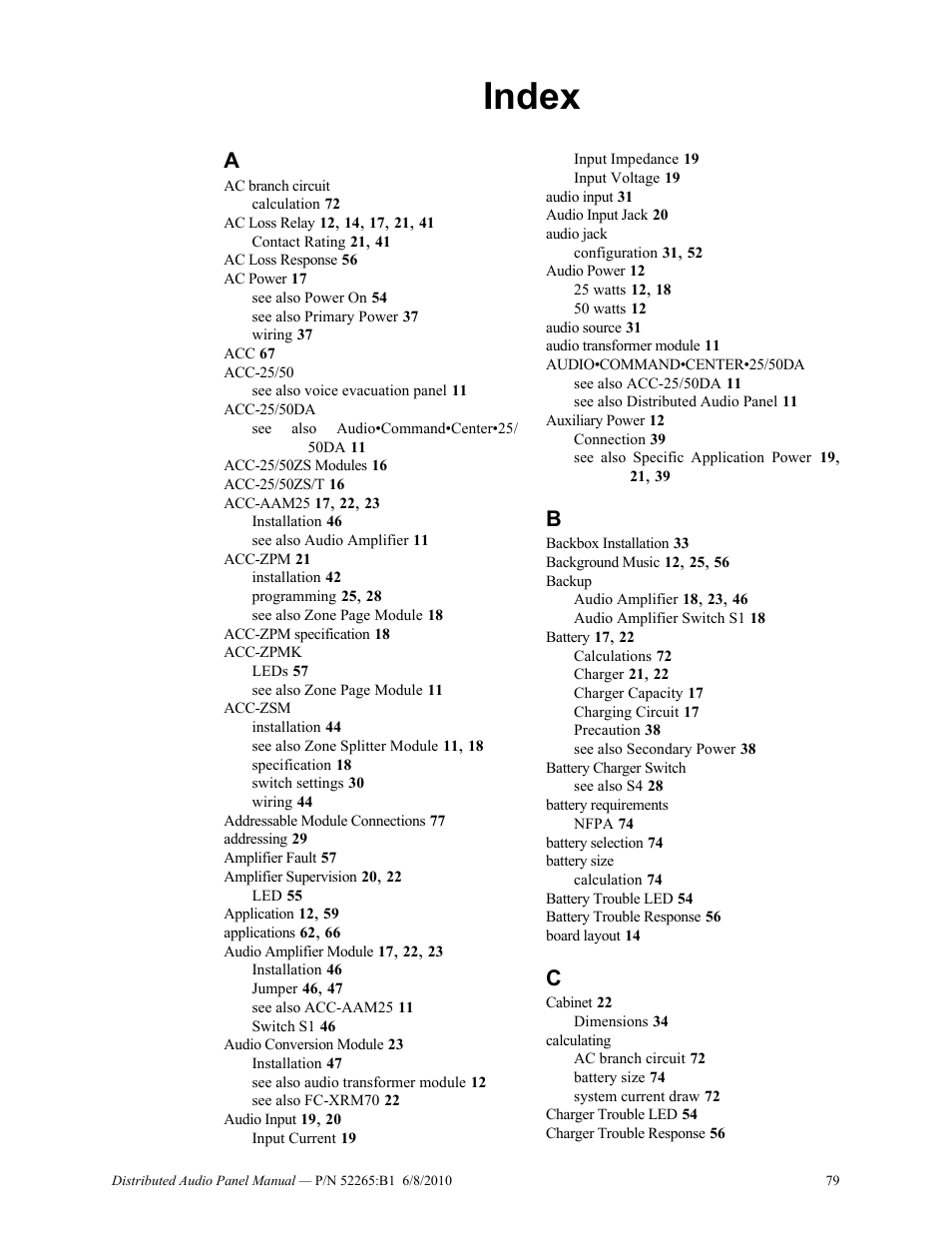 Index | Fire-Lite ACC-25/50DAZS Distributed Audio Panel User Manual | Page 79 / 84