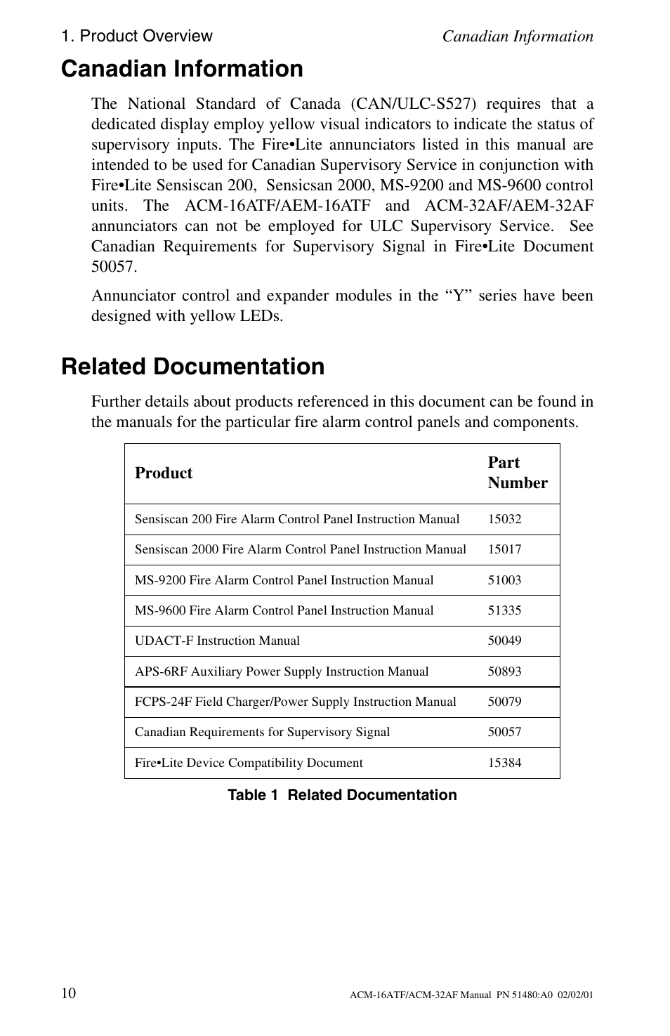 Canadian information, Related documentation | Fire-Lite ACM-32AF Annunciator Modules User Manual | Page 10 / 68