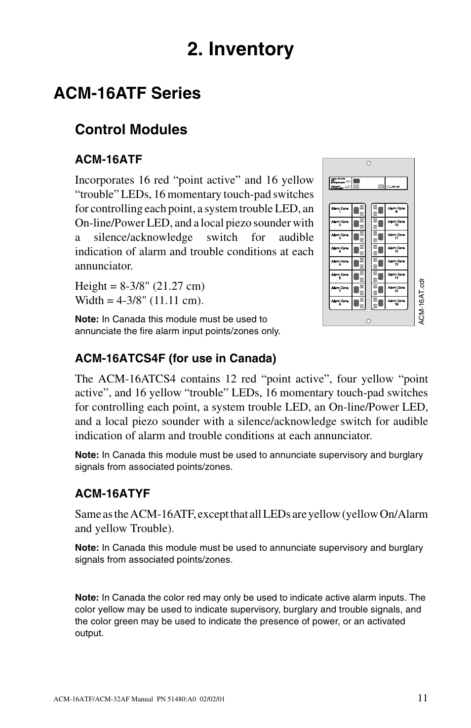 Inventory, Acm-16atf series, Control modules | Acm-16atf, Acm-16atcs4f (for use in canada), Acm-16atyf | Fire-Lite ACM-32AF Annunciator Modules User Manual | Page 11 / 68