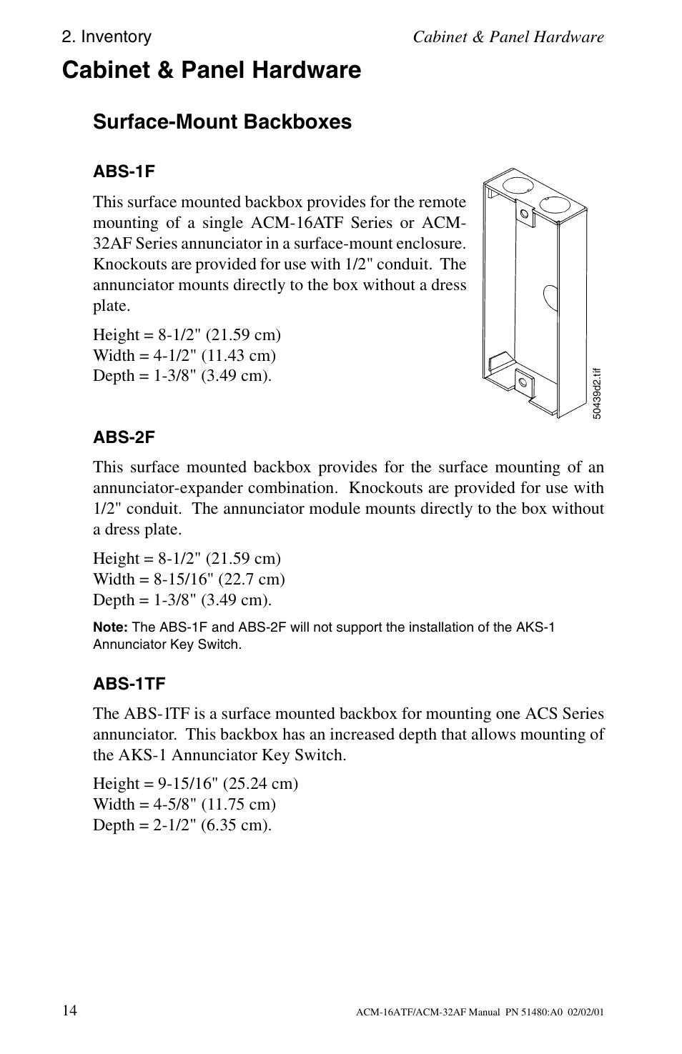 Cabinet & panel hardware, Surface-mount backboxes, Abs-1f | Abs-2f, Abs-1tf | Fire-Lite ACM-32AF Annunciator Modules User Manual | Page 14 / 68